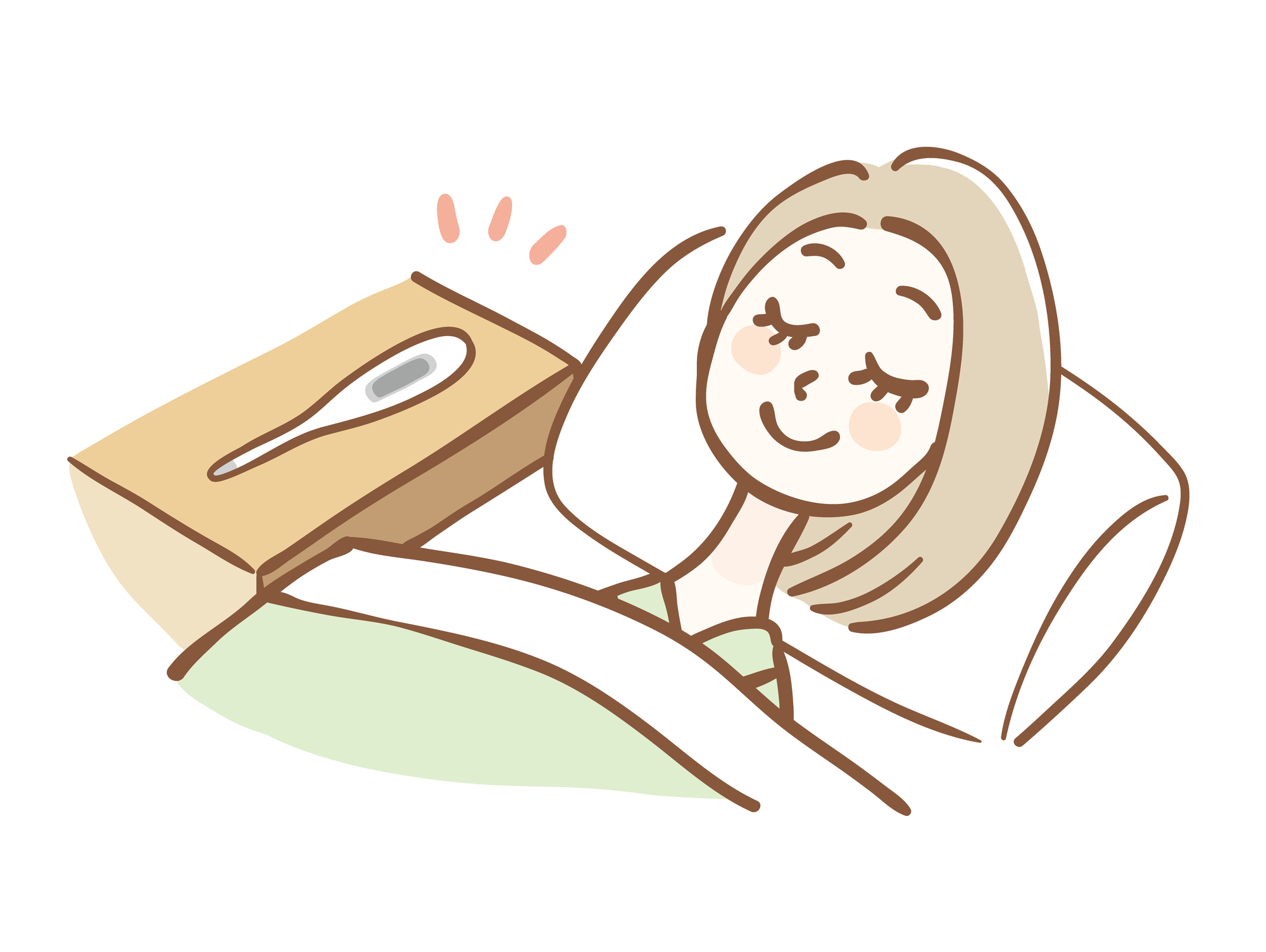 枕元に体温計を置いて寝ている女性のイラスト