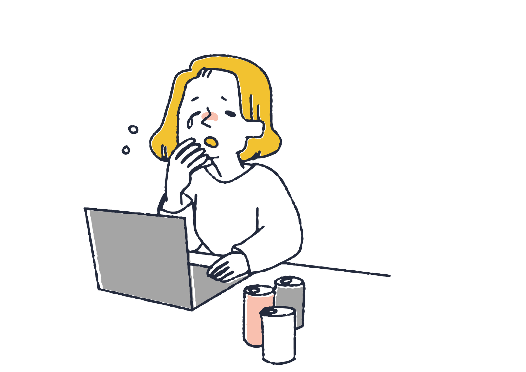 パソコン作業中に生あくびをする女性のイラスト