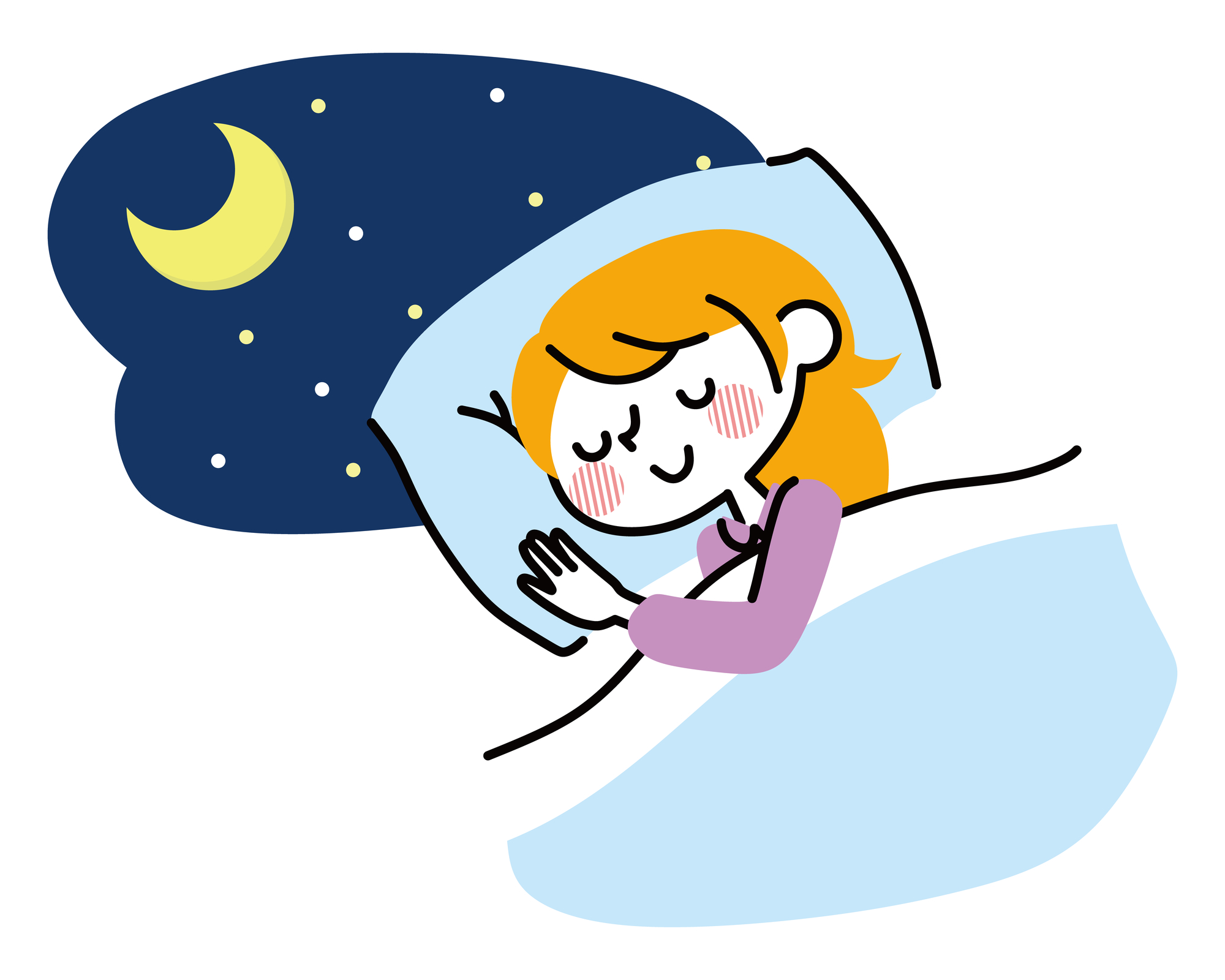 夜、穏やかな笑顔で眠っている女性のイラスト