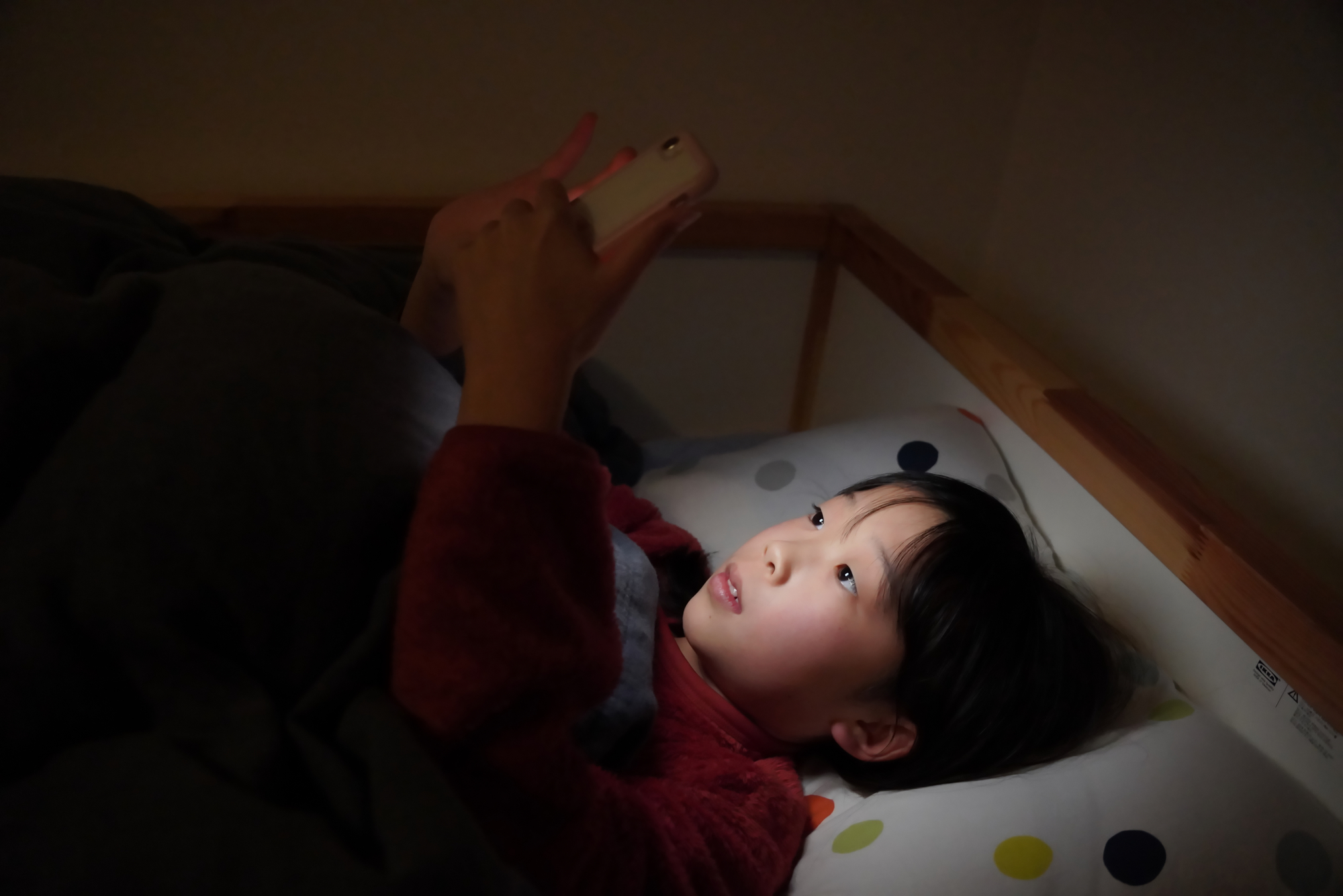 暗い寝室でスマホをいじる幼い男の子